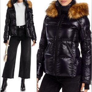Aqua Black Puffer Jacket with Faux Fur Trim